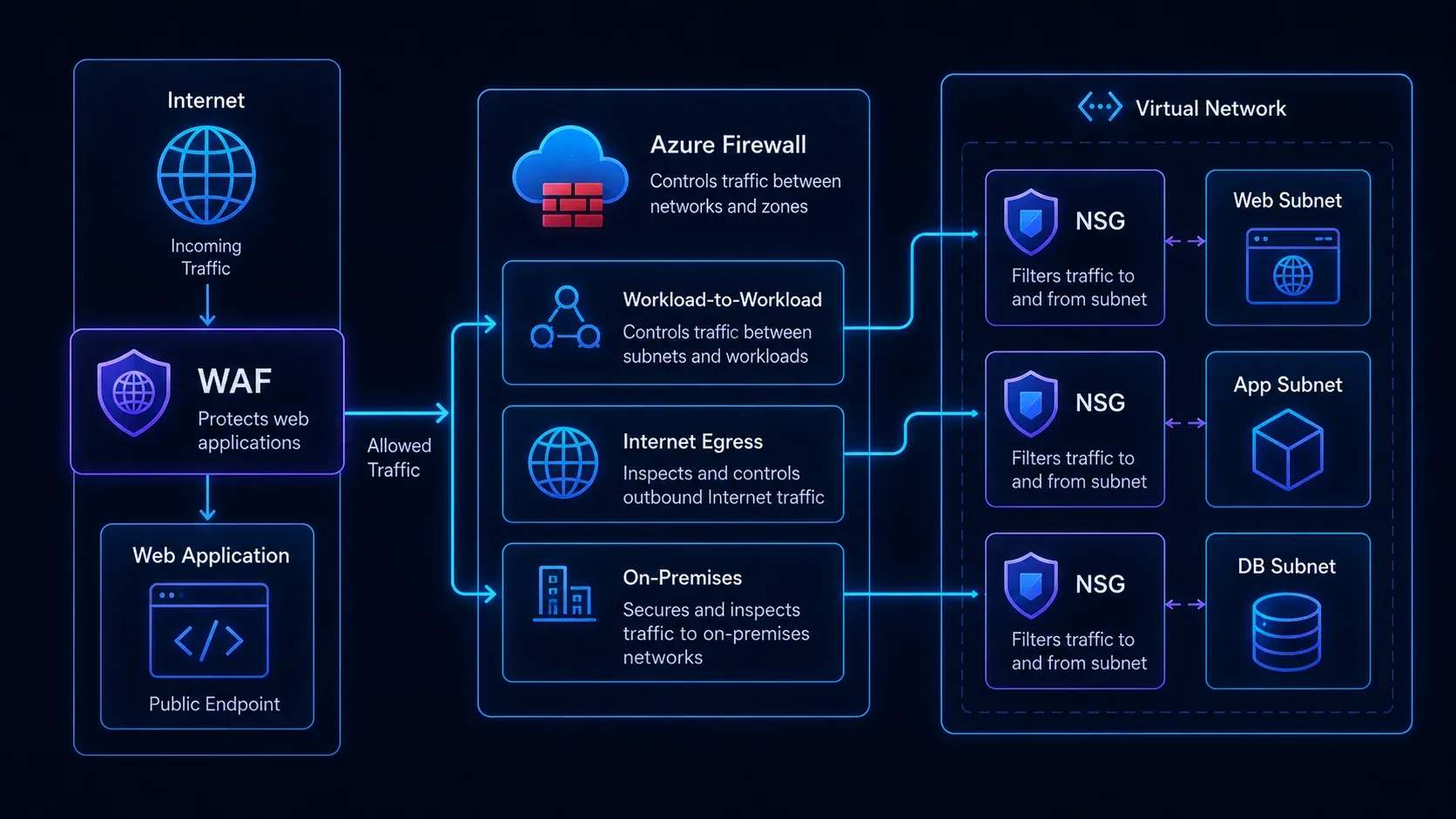 Capas de protección mostrando WAF, Azure Firewall y NSG en una arquitectura Azure.