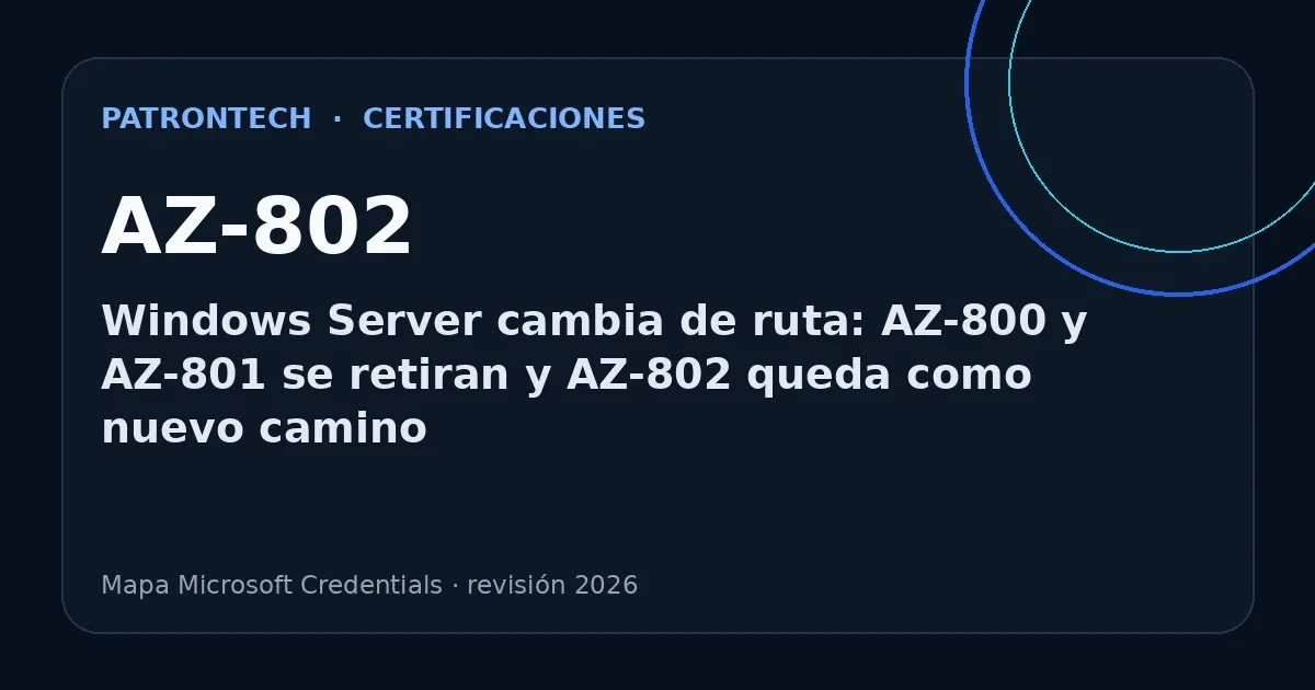 Portada editorial de PatronTech sobre AZ-802 y cambios de certificaciones Microsoft en 2026