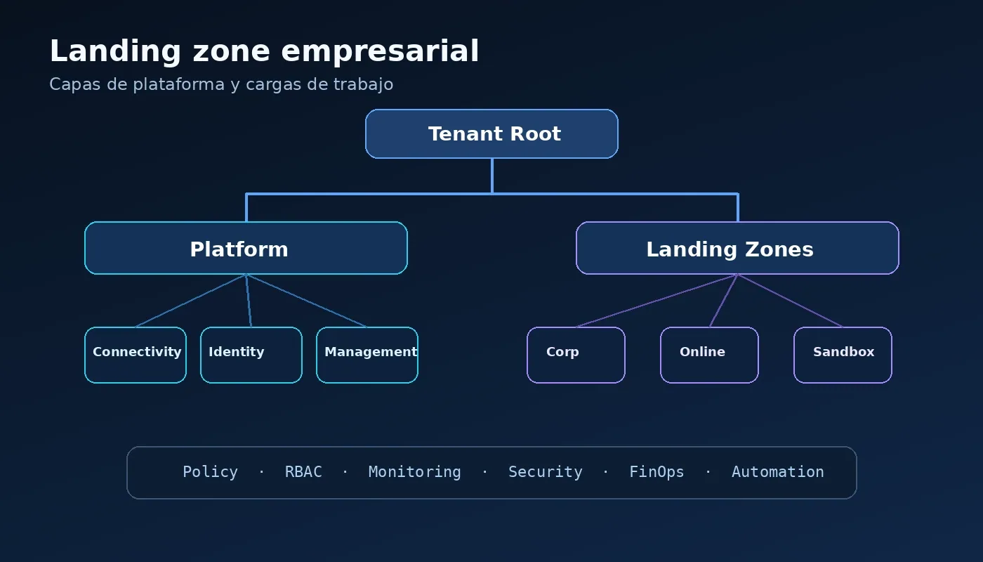 Diagrama de una landing zone con capas de plataforma, conectividad, identidad, administración y cargas de trabajo.