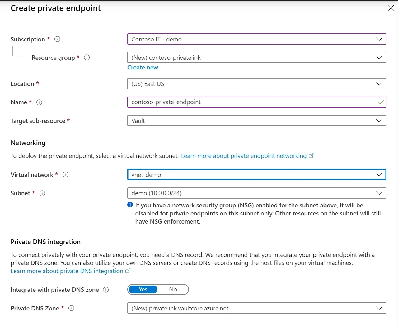 Configuración oficial de Private Endpoint para Azure Key Vault.