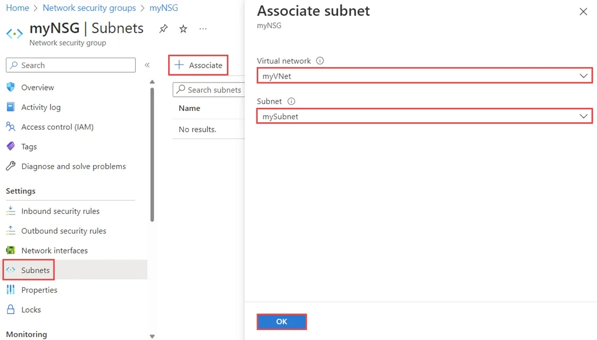 Pantalla oficial de Microsoft Azure para asociar un Network Security Group a una subnet de una red virtual