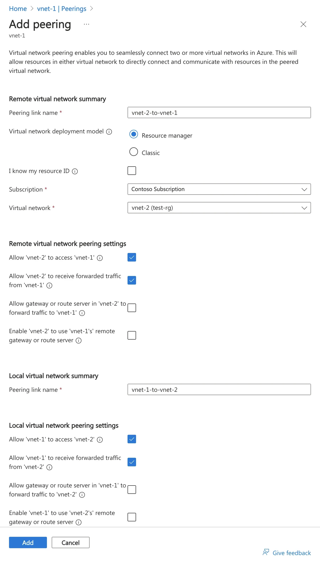 Pantalla oficial para agregar VNet Peering en Azure.