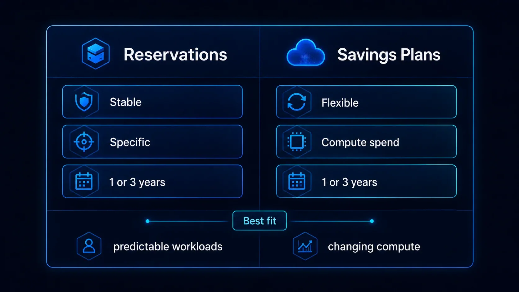 Comparación entre estabilidad de Reservations y flexibilidad de Savings Plans en una estrategia FinOps.